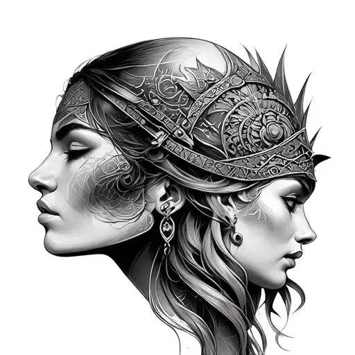 Woman Face Closed With Other Woman Face Morphing As Warrior