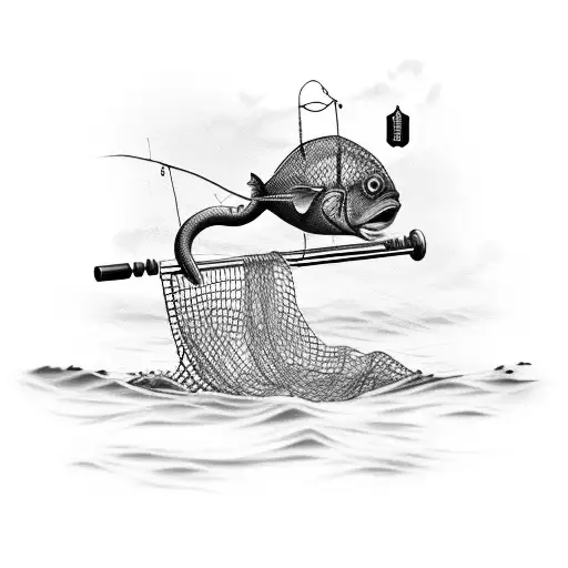 A Black-grey Tattoo Of A Fishing Net With The Word 'Grandpa' Woven Into It