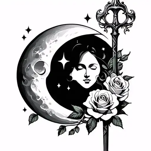 Scepter With Roses And Moon Merging Together