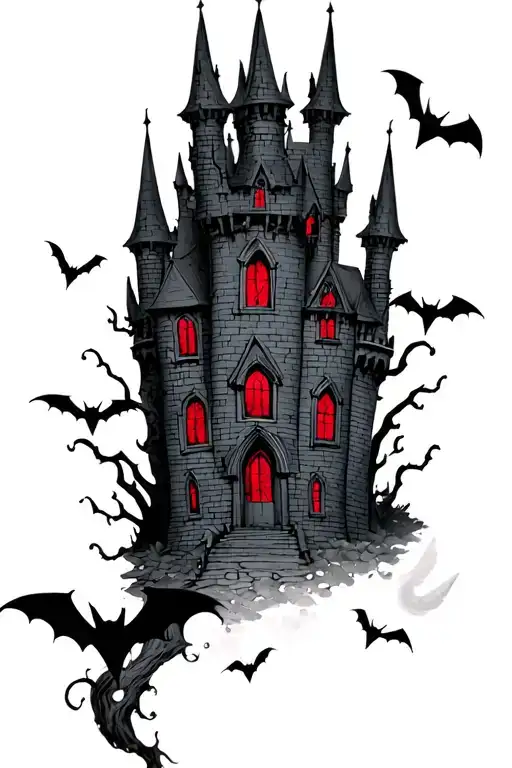 Gothic Creepy Style Black Castle With Red Windows With Bats