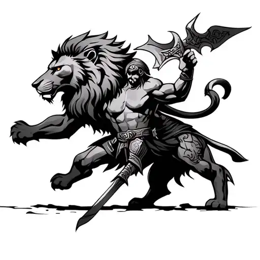 Lion And Spartan Warrior Wielding