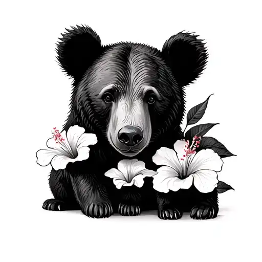 Mama Bear And Two Cubs With Hibiscus Flowers