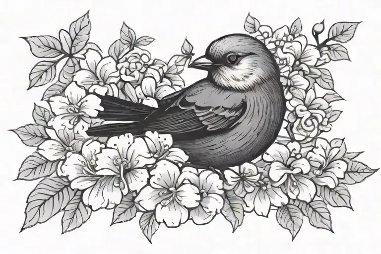 Lilas Flower Bouquet Little Bird Perched