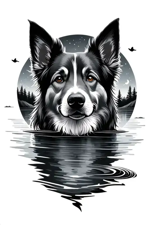 Dog And Lake By Night Sky