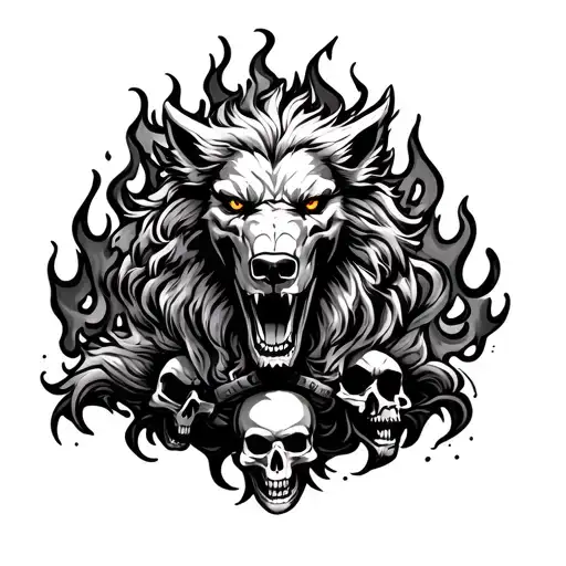 Cerberus With Flames And Skulls In The Background