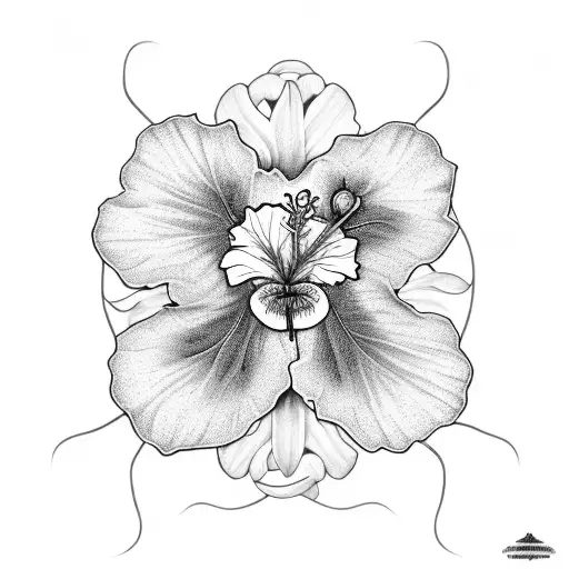 A Blackwork Tattoo Of A Hibiscus Flower Intertwined With A Bee Hive