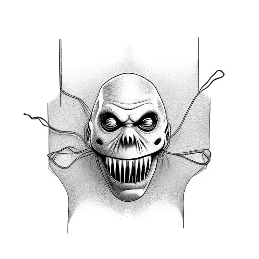 A Man Who Wears A Scary Mask On His Face And His Mouth Is Tied With String And Has A Terrible Look