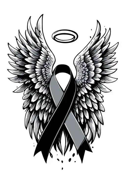 Hiv Ribbon With Angel Wings On Each Side & Halo Above