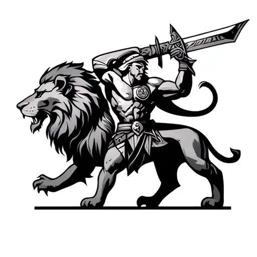 Lion And Spartan Warrior Wielding