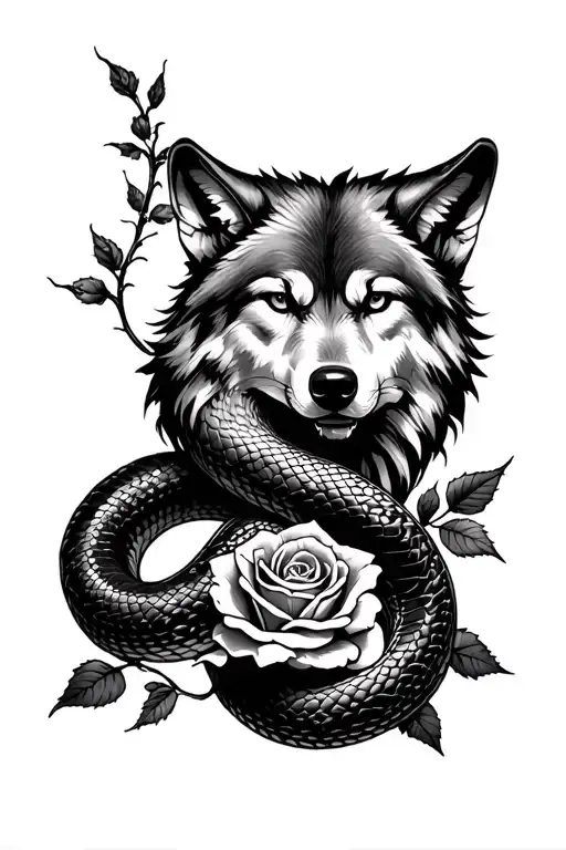 Wolf And Snake Coiled Along A Forearm With A Thorny Rose Following The Snake
