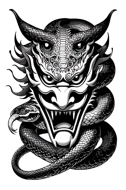 Snake Wrapping Around A Japanese Oni Mask