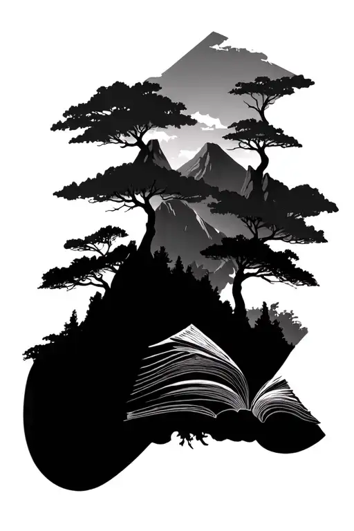Mountains And Trees With Books Forming The Shape Of A U With A Light Background