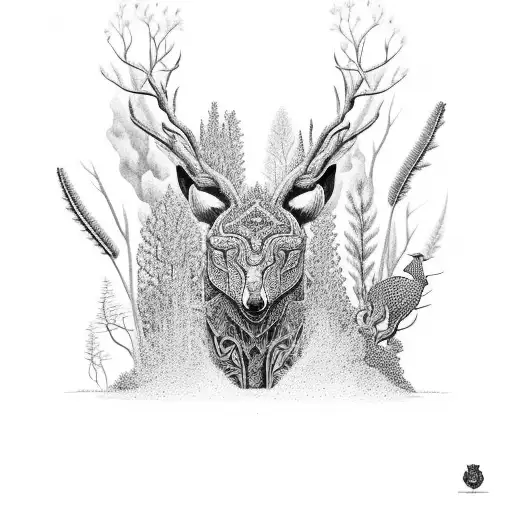 An Intricate Black-grey Design Featuring A Bushwalker Surrounded By Native Australian Wildlife