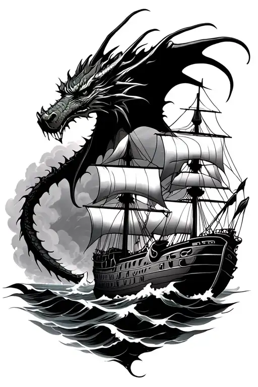 Dragon And Ship Sailing Towards