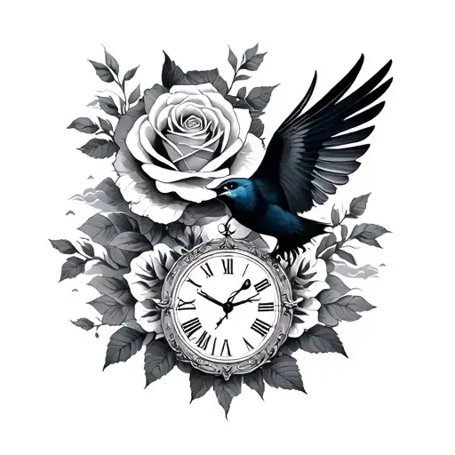 Tiger Rose Clock Bird Clouds Outline Sleeve Tattoo Design