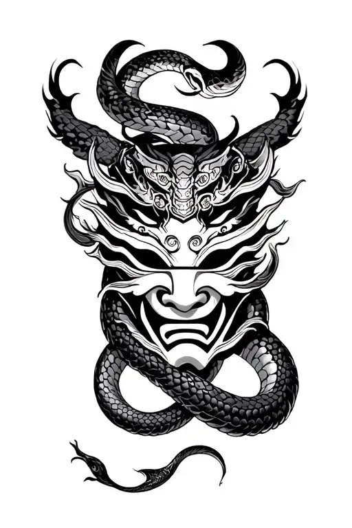 Snake Wrapping Around A Japanese Oni Mask Surrounded By Swirling