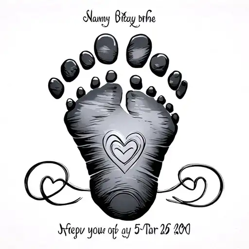 Foot Print With Name And Date Of Birth With Heart And Infinity Symbol