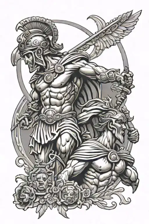 Greek God With Greek Spartan Warrior And Meandros All Araound