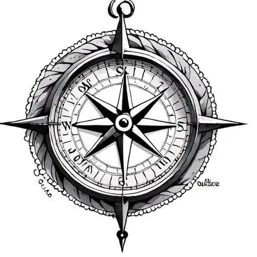 Compass Rose With Clock On One Side