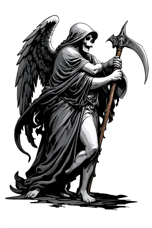 Angel Hugs Reaper Holding A Scythe