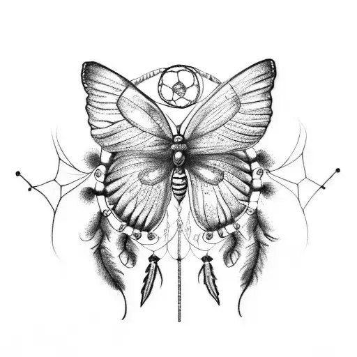 A Detailed Black And Grey Dreamcatcher Spine Tattoo With Butterfly Motifs