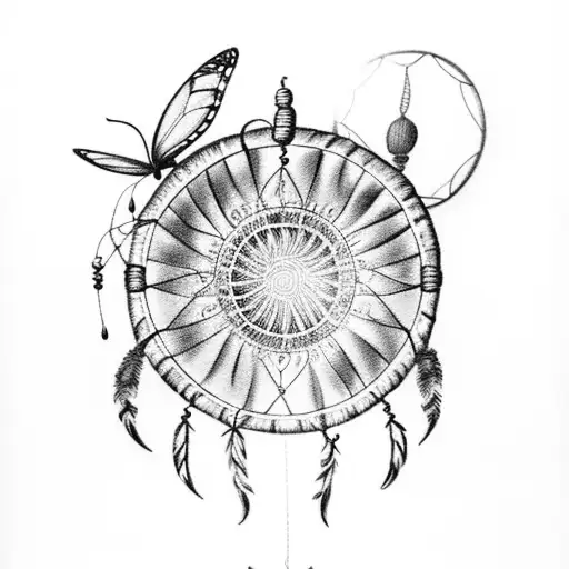 A Detailed Black And Grey Dreamcatcher With Butterfly Motifs