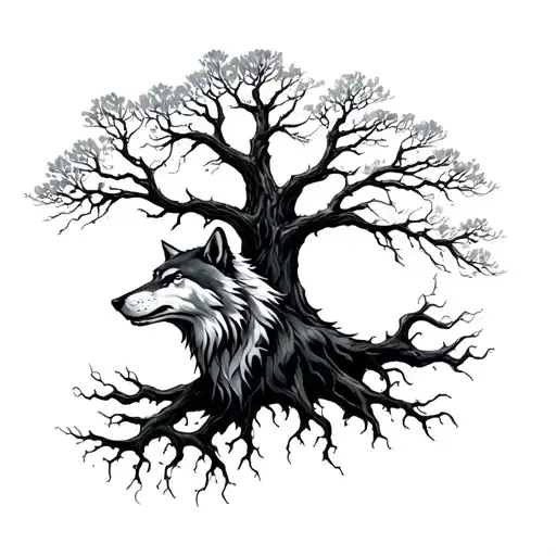 Dark Tree With Roots Around A Wolf Head