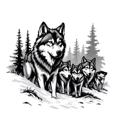 Wolf Pack In Woods