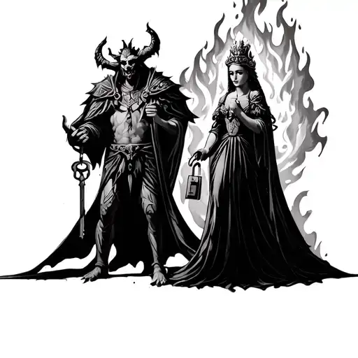 Demon King Holding A Key And Queen Goddess On Fire Holding A Lock
