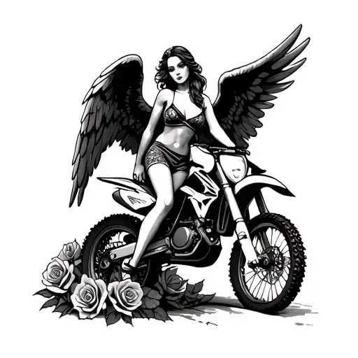Female Angel On Motocross Backround With Roses