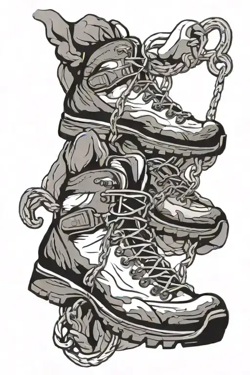 Mountain With Climbing Shoes Connected By A Carabiner