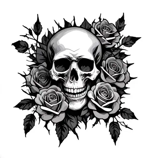 Skull Tattoo Surrounded By Roses With Thorns With Shadows Surrounding