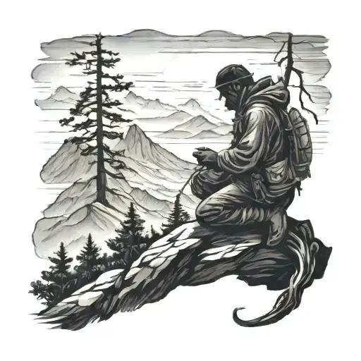 A Silhouette Of A Hunter Kneeling In Prayer In A Mountain Landscape