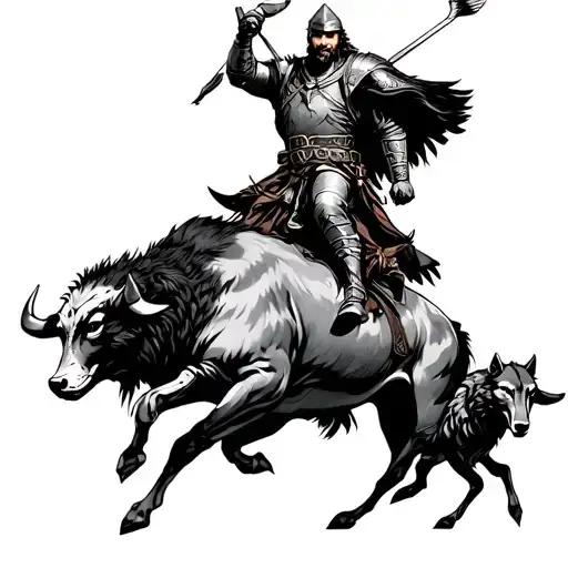 Russian Midevil Warrior Riding A Bull And Wolves Running