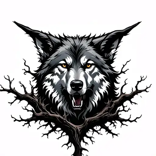 Dark Tree With Roots Around A Wolf Head