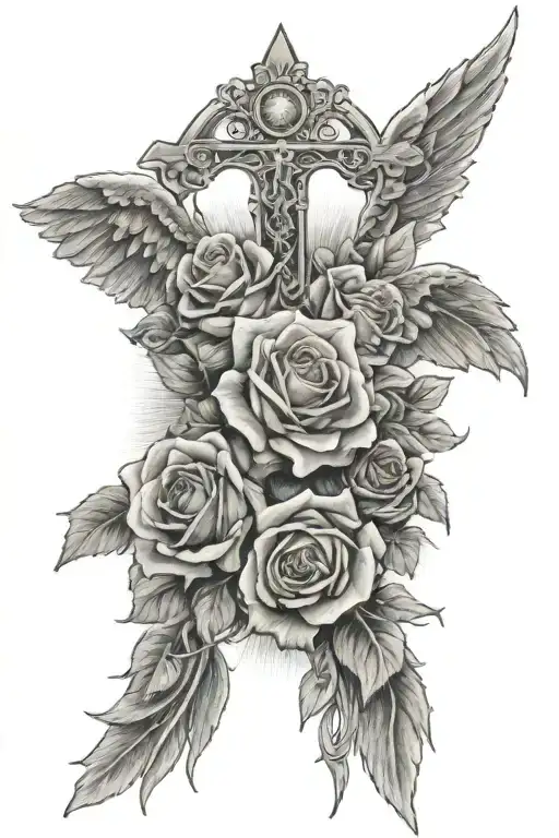 Roses Angel Wings Cross Sun Rays Jan 25Th 1987 In Roman Numberals