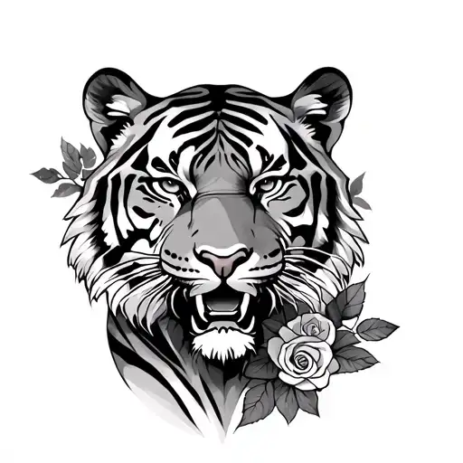 Tiger With Roses On His Thigh