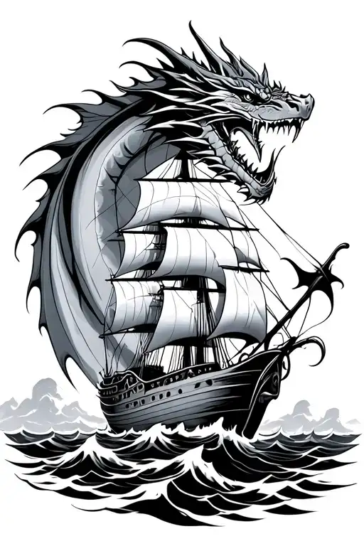 Dragon And Ship Sailing Towards
