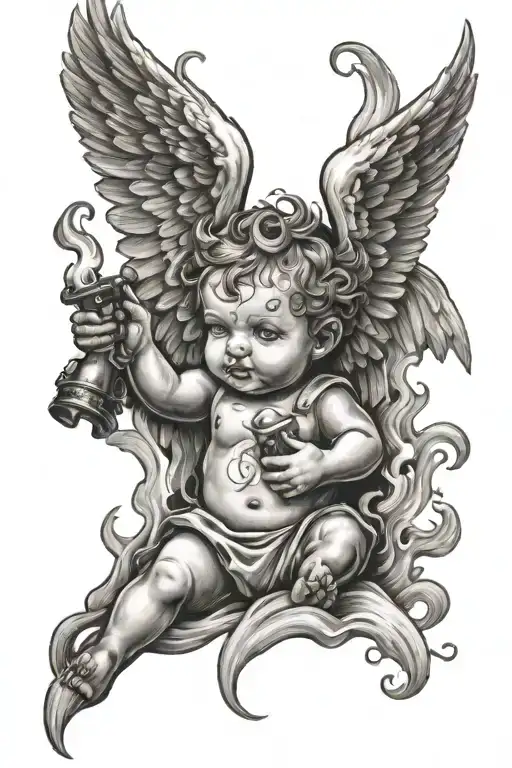 Baby Angel Holding A Molotov With Flames And Smoke