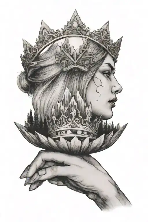 Woman Holding A Crown In Her Hand And A Mountain In The Background