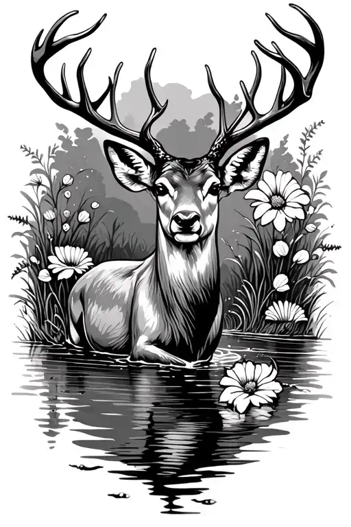 Deer Drinking Flowers River Running