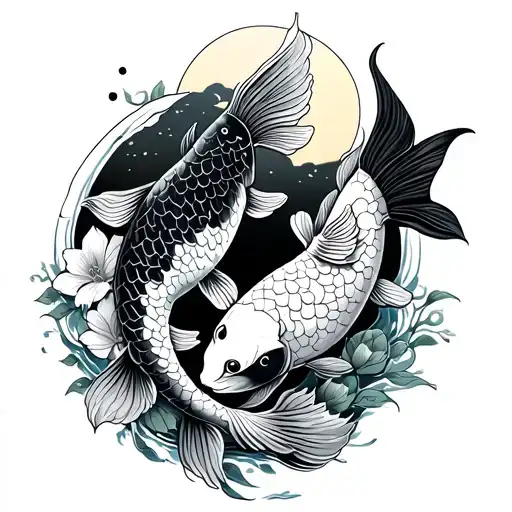 Two Koi Fish With Flowers And A Sun And Moon