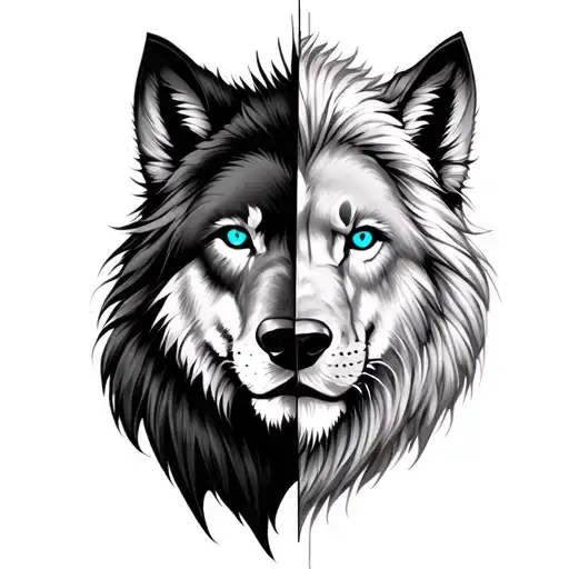 Half Face Wolf And Halfface Lion With Blue Eyes