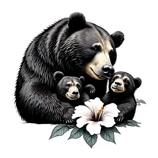 Mama Bear And Cubs With Hibiscus