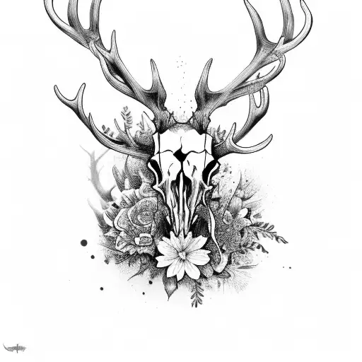 Stag Skull With Different Flowers Flowing Dowm