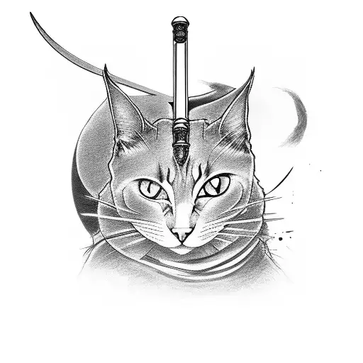 A Black And Grey Tattoo Of A Katana Piercing Through A Cat-shaped Shadow