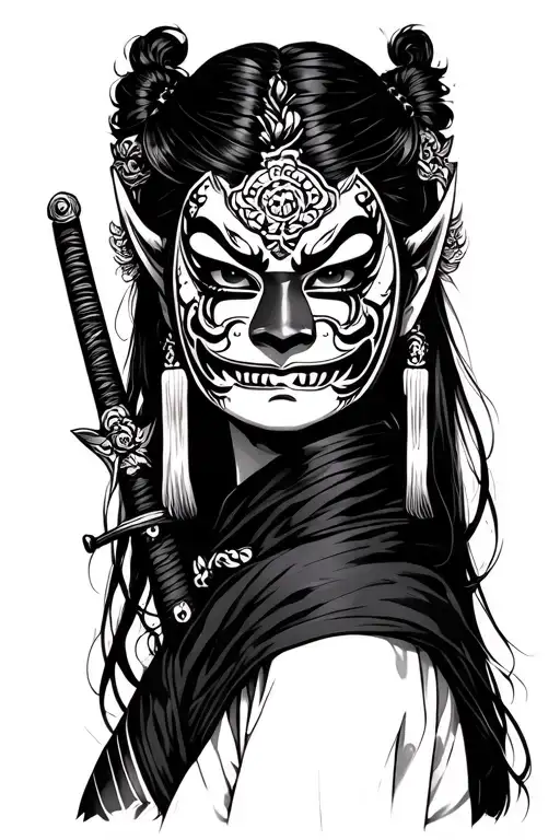 Girl With Hannya Mask With Katana