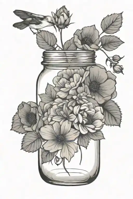 Line Work Mason Jar Flowers Strawberries And Birds