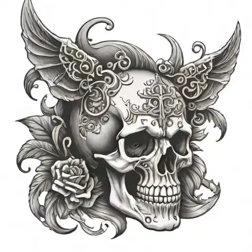 Skull With Mythical Background Black And White