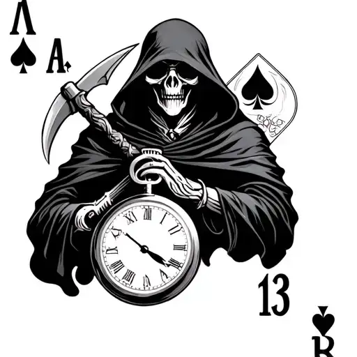 Grim Reaper With A Scythe And Pocket Watch On A Number 13 Playing Card With Spades
